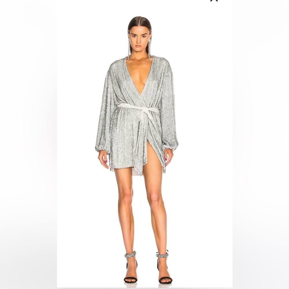 Retrofete Gabrielle Sequin Mini Wrap Dress Silver XS S M